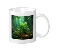 Botanical Lot de 1 tasse imprimée nature forêt esthétique plante belles feuilles arbre paillettes vert céramique non renversable cuisine école bureau garde-manger avec poignées 325 ml