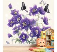 Botanique Papier Peint Panoramique 450L x 280H cm, Animaux Violet Campanule Papillon Papier Peint pour Salon Chambre à Coucher - Violet Élégant XXL Fresque Murale, Art Mural Poster Géant pour Bureau