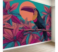 Botanique Tropicale Papier Peint Panoramique 400L x 280H cm, Forêt Tropicale Feuilles Animal Oiseau Papier Peint pour Salon Chambre à Coucher - Bleu Canard Fresque Murale Décoration, Art Mural Poster