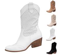 BOTCAM Bottes de cowboy pour femme - Bout pointu - Bottines mi-hautes - Respirantes - Chaussures courtes à enfiler - Talon bloc - Bottes de cowgirl - Bottes de transition, Blanc., 39 EU