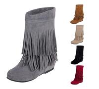 BOTCAM Bottes western pour femme avec glands, mi-tige, bottes de cowboy, bottes de renaissance à enfiler, en cuir PU, bottines rétro, bottines d'été pour femme, bottes de transition, gris, 45 EU