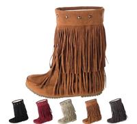 BOTCAM Bottines à franges pour femme - Bottes plates à enfiler - En daim - Bottes d'hiver chaudes mi-hautes - Bottes de cowboy - Bottes médiévales - Bottes western - Bottes de transition, jaune, 35 EU