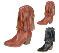 BOTCAM Bottines tendance pour femme - Automne - Attrayantes - Bottes à franges avec talon compensé - Bottes de cowboy western bohème - Bottes longues avec fermeture éclair - Bottes de transition pour