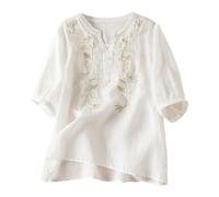 BOTCAM Chemise en coton et lin respirante avec broderie florale vintage, manches longues et boutonnée, costume sexy de secrétaire, Z2 - Blanc., XL