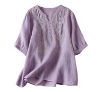 BOTCAM Chemise en coton et lin respirante avec broderie florale vintage, manches longues et boutonnée, costume sexy de secrétaire, Z2 - Violet., XXL