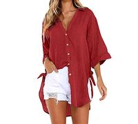 BOTCAM Chemisier long pour femme - Manches longues - Élégant - Col en V - Boutons - Haut ample - Décontracté - Manches 3/4 - Pour adolescentes et filles - Long streetwear, rouge3, XL