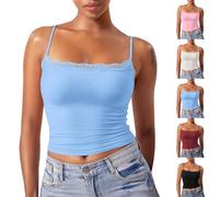 BOTCAM Débardeur sexy en dentelle pour femme - Crop Tops stretch skinny - Haut de yoga - Sans manches - Athlétique - Fitness - Débardeur d'été en dentelle pour femme, bleu clair, M
