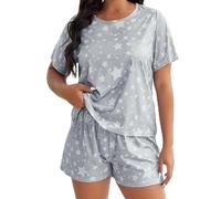 BOTCAM Ensemble pyjama 2 pièces avec imprimé cœur et manches courtes pour femme grande taille, gris, XXL