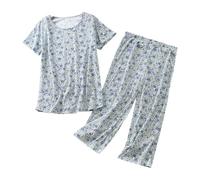 BOTCAM Ensemble pyjama en coton pour femme 2 pièces ensemble confortable été col en V chemise à manches courtes pyjama haut pour femme à manches longues, Vert menthe., XXL
