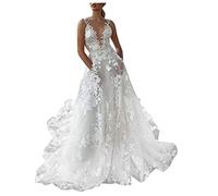BOTCAM Longue robe blanche élégante, avec forme trapèze, col en V profond, dentelle et dos nu, pour mariage, bal, soirée, cocktail, Blanc., L