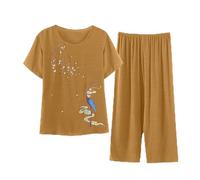 BOTCAM Pyjama moderne pour femme en coton et lin à manches courtes, chemisier imprimé, septième pantalon, pyjama deux pièces pour femme, café, XXL