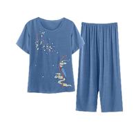 BOTCAM Pyjama moderne pour femme en coton et lin à manches courtes, chemisier imprimé, septième pantalon, pyjama deux pièces pour femme, bleu, 3XL