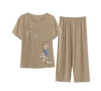 BOTCAM Pyjama moderne pour femme en coton et lin à manches courtes, chemisier imprimé, septième pantalon, pyjama deux pièces pour femme, kaki, XXL