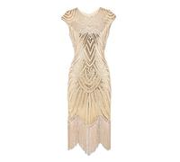 BOTCAM Robe à paillettes pour femme des années 1920, col rond, sans manches, sexy, taille transparente, franges, années 20, robe de cocktail, robe de fête, beige, L
