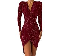 BOTCAM Robe de soirée courte à manches longues pour femme, élégante, col en V, robe de fête, robe moulante, robe de cocktail, robe de bal, Wein2., L