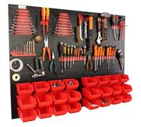 botle Panneau à outils mural perforé en métal, boîtes empilables + étagère murale + porte-outils 51 pièces, pour petites pièces, atelier mural avec 24 récipients empilables rouges petits et grands
