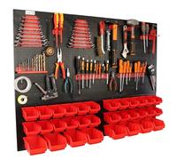 botle Panneau à outils mural perforé en métal, boîtes empilables + étagère murale + porte-outils, ensemble de 59 pièces, pour petites pièces, atelier mural avec 32 récipients empilables rouges