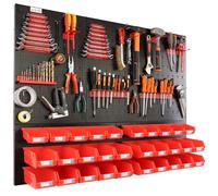 botle Panneau à outils mural perforé en métal, boîtes empilables + étagère murale + porte-outils, ensemble de 57 pièces, pour petites pièces, atelier mural avec 30 récipients empilables rouges