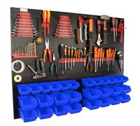 botle Panneau à outils mural perforé en métal, boîtes empilables + étagère murale + porte-outils, lot de 55 pièces, pour petites pièces, atelier mural avec 28 récipients empilables bleus, étagère
