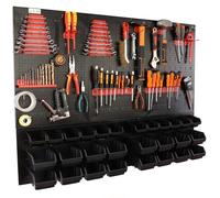 botle Panneau à outils mural perforé en métal, boîtes empilables + étagère murale + porte-outils, lot de 55 pièces, pour petites pièces, atelier mural avec 28 récipients empilables noirs, étagère