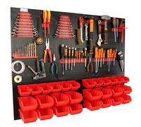 botle Panneau à outils mural perforé en métal, boîtes empilables + étagère murale + porte-outils, lot de 55 pièces, pour petites pièces, atelier mural avec 28 récipients empilables rouges