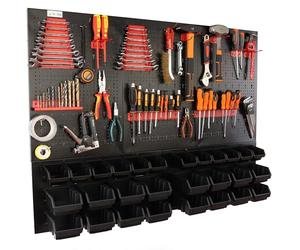 botle Panneau à Outils Mural perforé en métal, boîtes empilables + étagère Murale + Porte-Outils, Lot de 55 pièces, pour Petites pièces, Atelier Mural avec 28 récipients empilables Noirs, étagère
