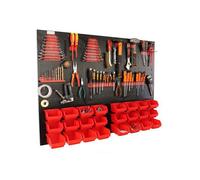 botle® Panneau perforé métallique, bacs empilables + étagère murale + porte-outils, lot de 51 pièces, 24 bacs rouges de 2 tailles