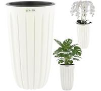 Pot De Fleurs Cache-Pot Bac À Fleurs Avec Insert, Couleur Blanc, Rond Ø 29 Cm, H 50 Cm, Belles Rainures Élégantes, Plastique Mat Multicolore