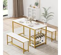 BOTLOG Table de cuisine 3 pièces pour 4 personnes, table de salle à manger de 139,7 cm avec 2 bancs, table de salle à manger avec cadre en métal, étagère de rangement, étagère à vin et verre, moderne