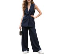 Botong Ensemble blazer sans manches pour femme, coupe ajustée, tenue d'affaires, ensemble gilet et pantalon habillé pour femme, bleu marine, XL