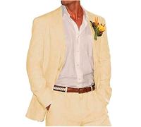 Botong Lot de 2 combinaisons de mariage en lin pour homme avec revers en pointe, costume de bal de fin d'année, coupe droite, smoking d'été, tenue décontractée, jaune, 27