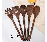 BOTOWI Ensemble d'ustensiles Cuisine en Bois pour la Cuisine, 6 PCS Noyer Noir Naturel cuillères Bois Spatules Spaghetti Serveur louche Ensemble Batterie Cuisine antiadhésive,5 pcs