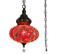 BOTOWI Lampe Suspendue de Plafond Turque Marocaine en mosaïque de 10" à Brancher, luminaire Suspendu en mosaïque Fait à la Main Cordon de 15 Pieds avec chaîne et Prise Pas de câblage,Rouge