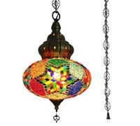 BOTOWI Lampe Suspendue de Plafond Turque Marocaine en mosaïque de 10" à Brancher, luminaire Suspendu en mosaïque Fait à la Main Cordon de 15 Pieds avec chaîne et Prise Pas de câblage,Multi Colored