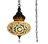 BOTOWI Lampe Suspendue de Plafond Turque Marocaine en mosaïque de 10" à Brancher, luminaire Suspendu en mosaïque Fait à la Main Cordon de 15 Pieds avec chaîne et Prise Pas de câblage,Beige