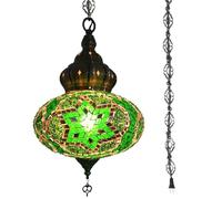 BOTOWI Lampe Suspendue de Plafond Turque Marocaine en mosaïque de 10" à Brancher, luminaire Suspendu en mosaïque Fait à la Main Cordon de 15 Pieds avec chaîne et Prise Pas de câblage,Vert