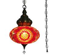 BOTOWI Lampe Suspendue de Plafond Turque Marocaine en mosaïque de 10" à Brancher, luminaire Suspendu en mosaïque Fait à la Main Cordon de 15 Pieds avec chaîne et Prise Pas de câblage,Orange