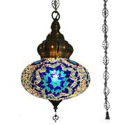 BOTOWI Lampe Suspendue de Plafond Turque Marocaine en mosaïque de 10" à Brancher, luminaire Suspendu en mosaïque Fait à la Main Cordon de 15 Pieds avec chaîne et Prise Pas de câblage,Bleu