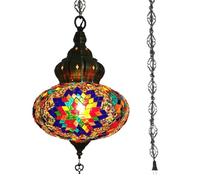 BOTOWI Lampe Suspendue de Plafond Turque Marocaine en mosaïque de 10" à Brancher, luminaire Suspendu en mosaïque Fait à la Main Cordon de 15 Pieds avec chaîne et Prise Pas de câblage,Marron