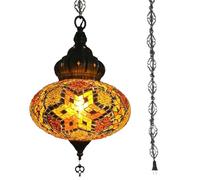 BOTOWI Lampe Suspendue de Plafond Turque Marocaine en mosaïque de 10" à Brancher, luminaire Suspendu en mosaïque Fait à la Main Cordon de 15 Pieds avec chaîne et Prise Pas de câblage,d'or