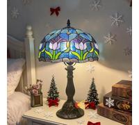 BOTOWI Lampe Tiffany en vitrail Lampe de Table Tulipe Lampe de Chevet pour Lecture W12H19 Pouces Lampe de Bureau à Commande Tactile pour Chambre, Salon, Commode, Bureau à Domicile,Bleu