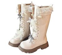 Botte Tendance pour Filles à Bout Rond Bottes École à Lacets avec Fermeture Éclair Semelle Confortable Botte Chaude Chaussures pour Enfants Hiver Bottes d'Équitation Mi-Mollet (Beige, 9.5-10 Years)