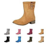 Bottes à boucle en cuir pour femme - Bottines à talon bas - Bottines larges à enfiler - Bottines à talons bas en fausse fourrure en daim - Bottines mi-mollet rétro classique - Chaussures d'hiver