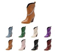 Bottes à bout pointu à talon bloc pour femme, bottes classiques et confortables en cuir synthétique à talon épais, bottes de cowboy occidentales décontractées à la mode mi-mollet en forme de V