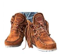 Bottes à franges vintage pour femme - Style cowboy - Courtes à lacets - Bout rond - Épaisse - Chaussures de marche avec franges - Style ethnique - Talons bas - Plage, marron, 39 EU