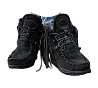 Bottes à franges vintage pour femme - Style cowboy - Courtes à lacets - Bout rond - Épaisse - Chaussures de marche avec franges - Style ethnique - Talons bas - Plage, Noir , 39.5 EU