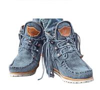 Bottes à franges vintage pour femme - Style cowboy - Courtes à lacets - Bout rond - Épaisse - Chaussures de marche avec franges - Style ethnique - Talons bas - Plage, bleu, 39 EU