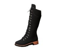 Bottes à lacets confortables et élégantes pour femme - Style rétro - Couleur unie - Polyvalentes - Fermeture éclair latérale - Talon compensé bas - Bottes mi-mollet - Bottes de fête en plein air, Noir