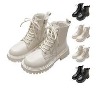 Bottes à lacets doublées pour femme - Bottes d'hiver en cuir | Bottes de combat à plateforme avec talon bloc antidérapantes, bottes de motard à bout rond, bottes à lacets avec doublure
