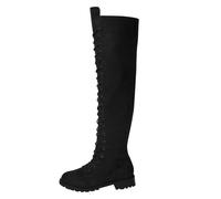 Bottes à lacets pour femme - Talon au-dessus du genou - Tige large - Bottes | Bottes d'équitation rétro élégantes en daim - Bout rond - Longue tige - Pour l'hiver et le quotidien
